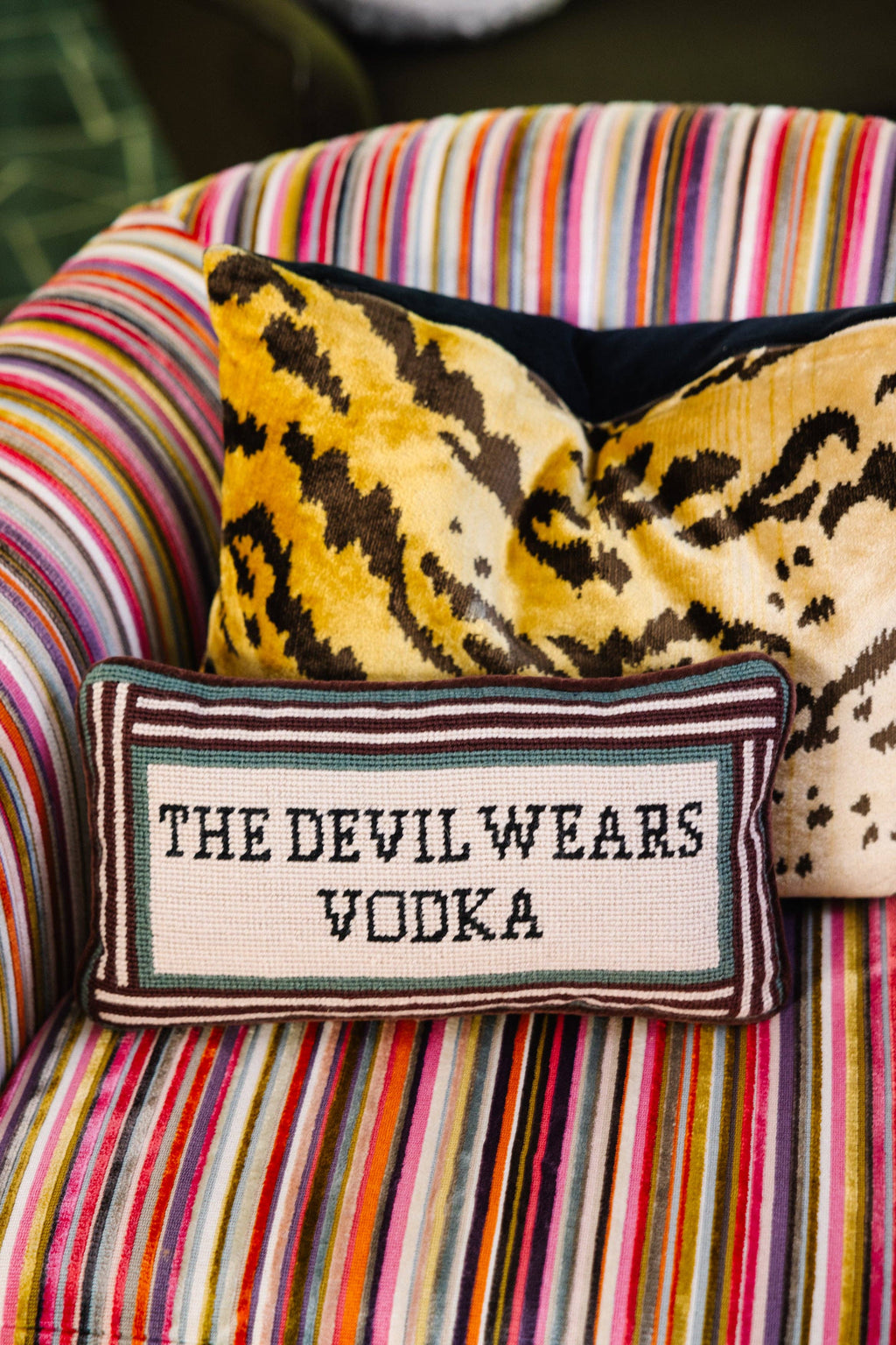 Devil Wears Vodka Needlepoint Pillow