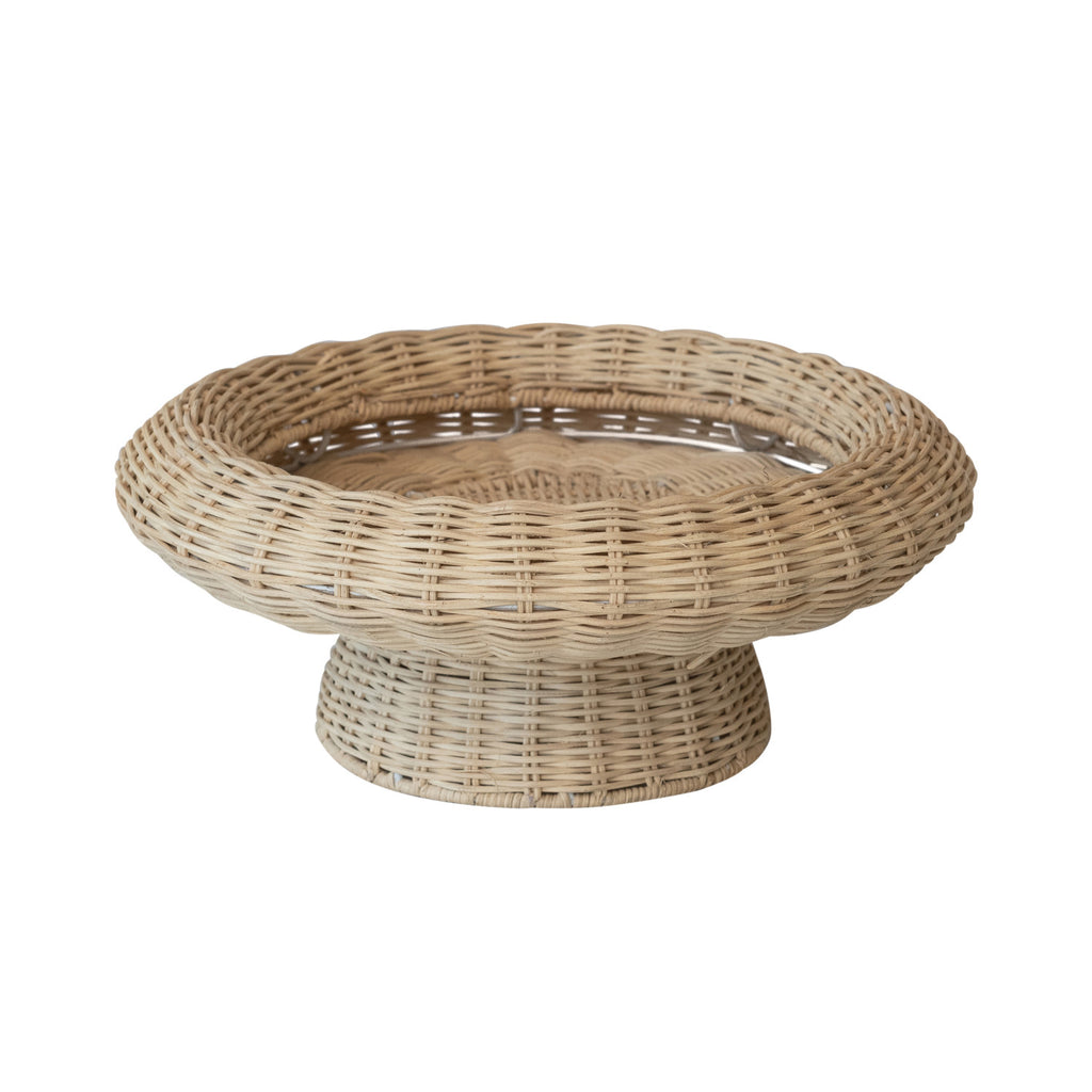 Decorative Hand-Woven Rattan Pedestal Bowl, Natural