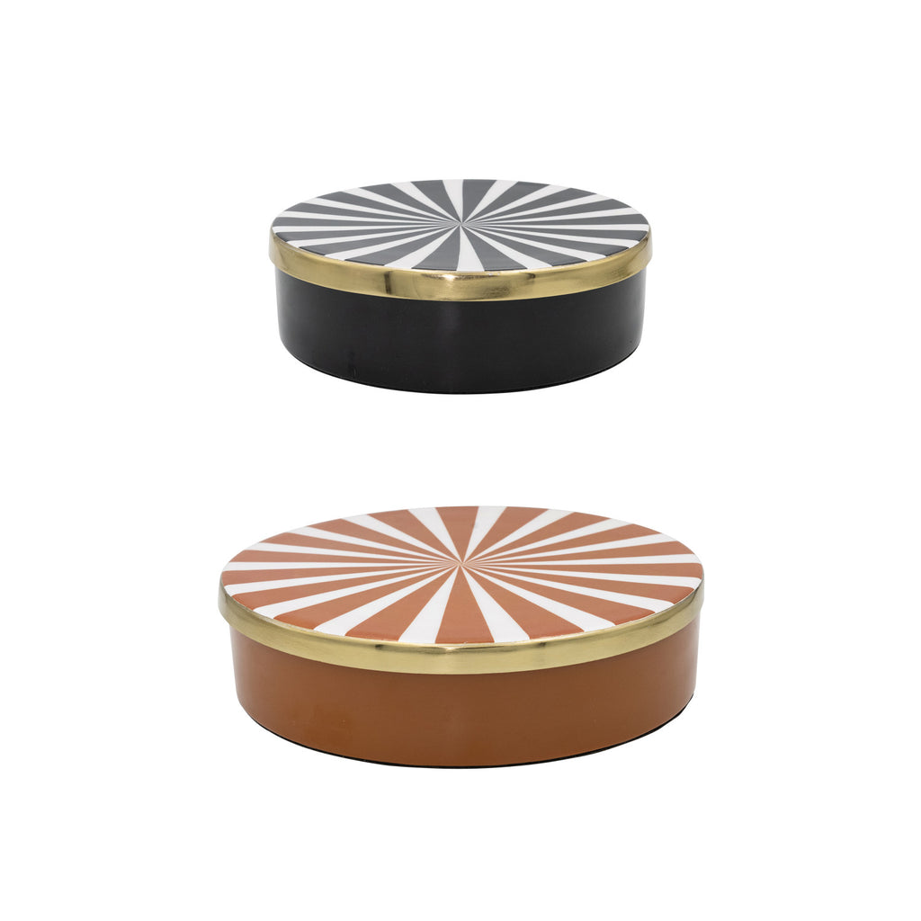 Decorative Enameled Metal Boxes with Striped Lids, Set of 2