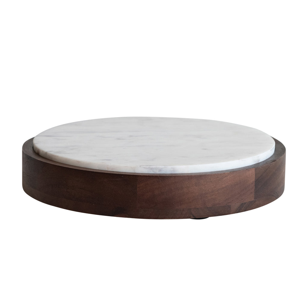 Mango Wood & Marble Pedestal with Removable Marble Tray, Set of 2