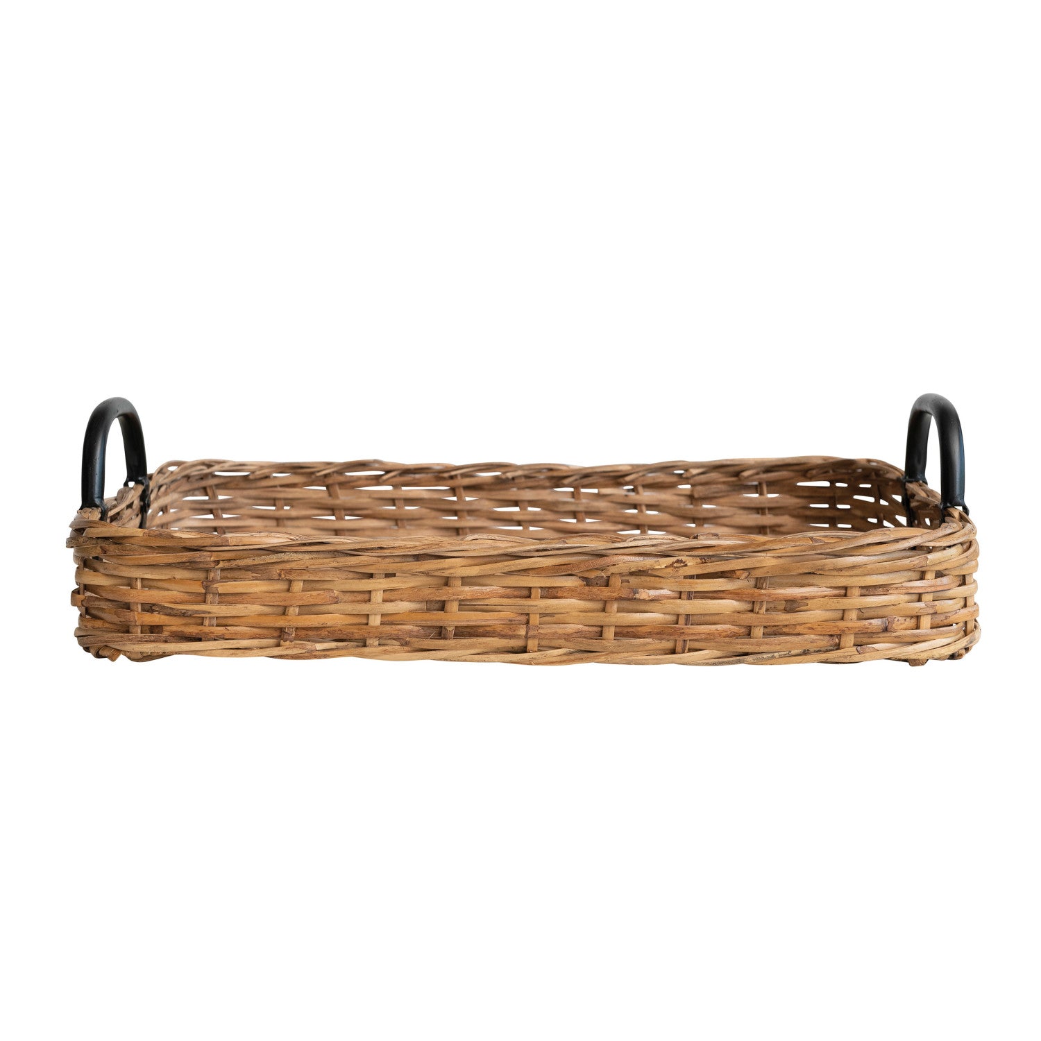 Decorative Hand-Woven Rattan Tray w/ Metal Handles, Natural & Black