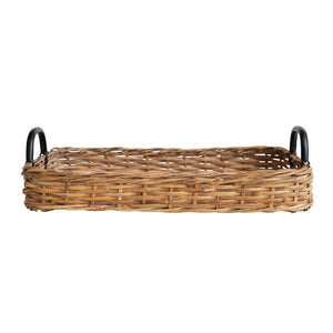 Decorative Hand-Woven Rattan Tray w/ Metal Handles, Natural & Black