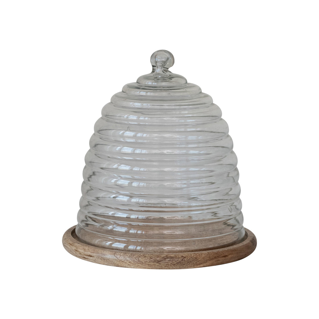 Recycled Glass Beehive Shaped Cloche w/ Mango Wood Base, Set of 2